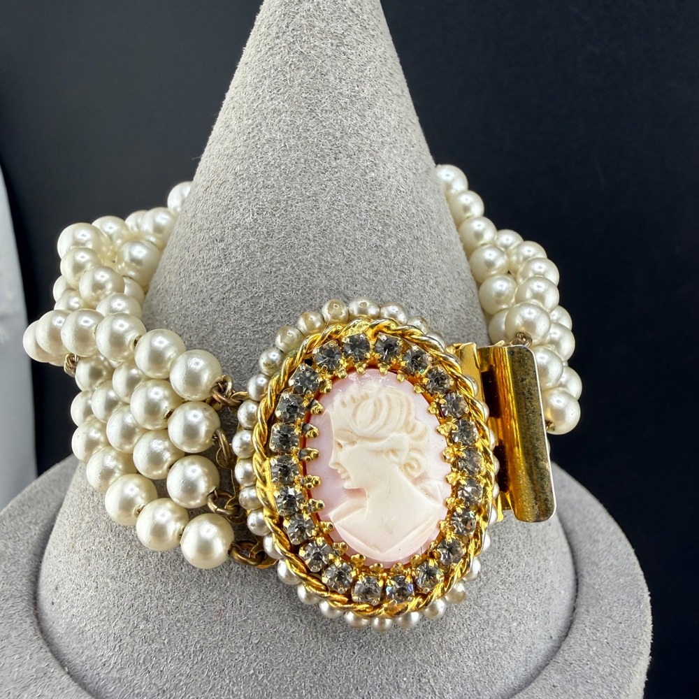 Vintage Hobe Bracelet Gold Cameo Faux Pearl 4 Strand Rhinestone 6.5